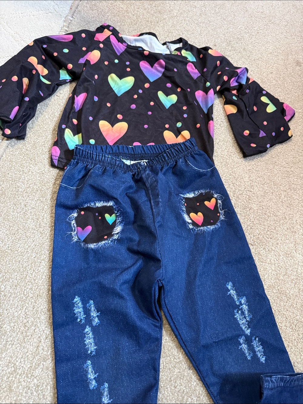 Kids Black Heart Print Top and Denim-Look Pants Set